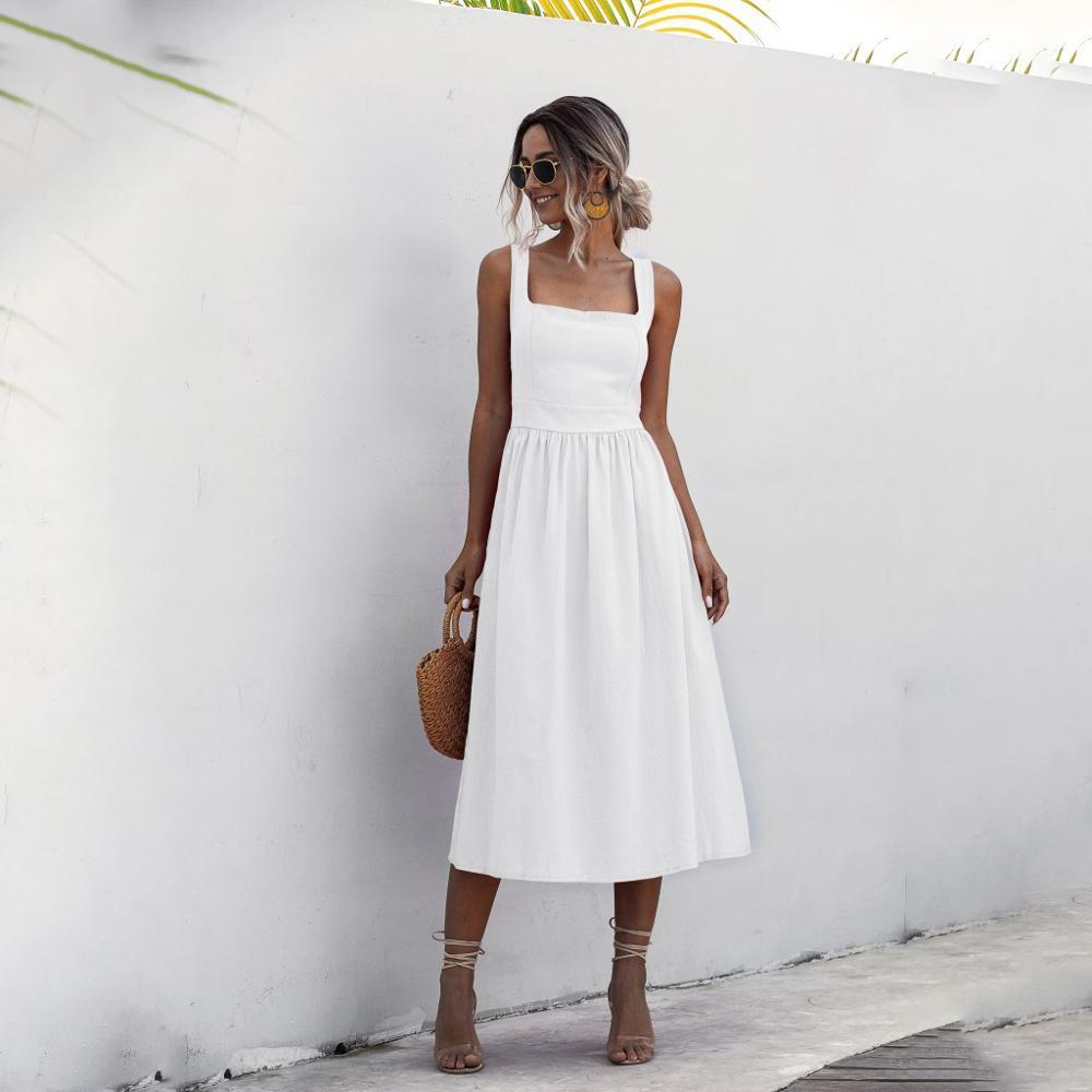 Women Long Dress Summer Sexy Backless Casual White Black Ruched Slip Midi Sundresses Ladies Strap Clothes For Women y2k 210409