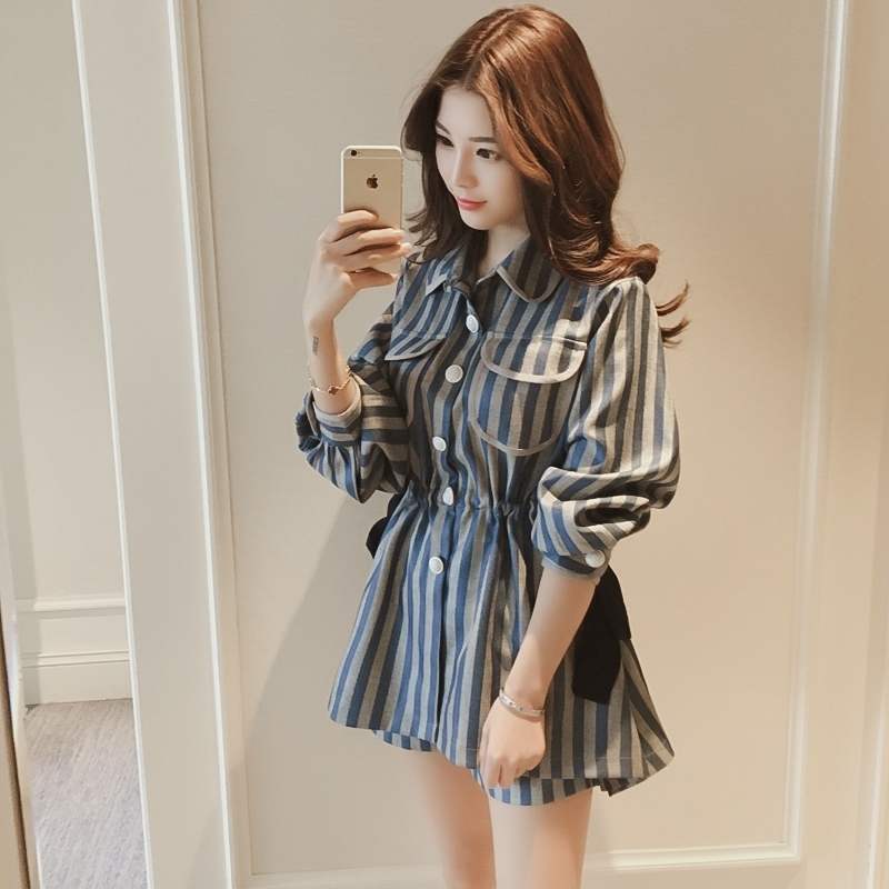 2 Piece Set Vintage Women Elegant Striped Drawstring Waist Long Sleeve Blouse Tops + High Shorts Casual Fashion Suit 210519