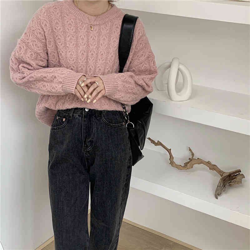 Autumn Winter Bottoming Tops Elegant Solid Twisted Sweater OL Pullovers Loose Warm Knitted Sweaters Woman Clothes 210421