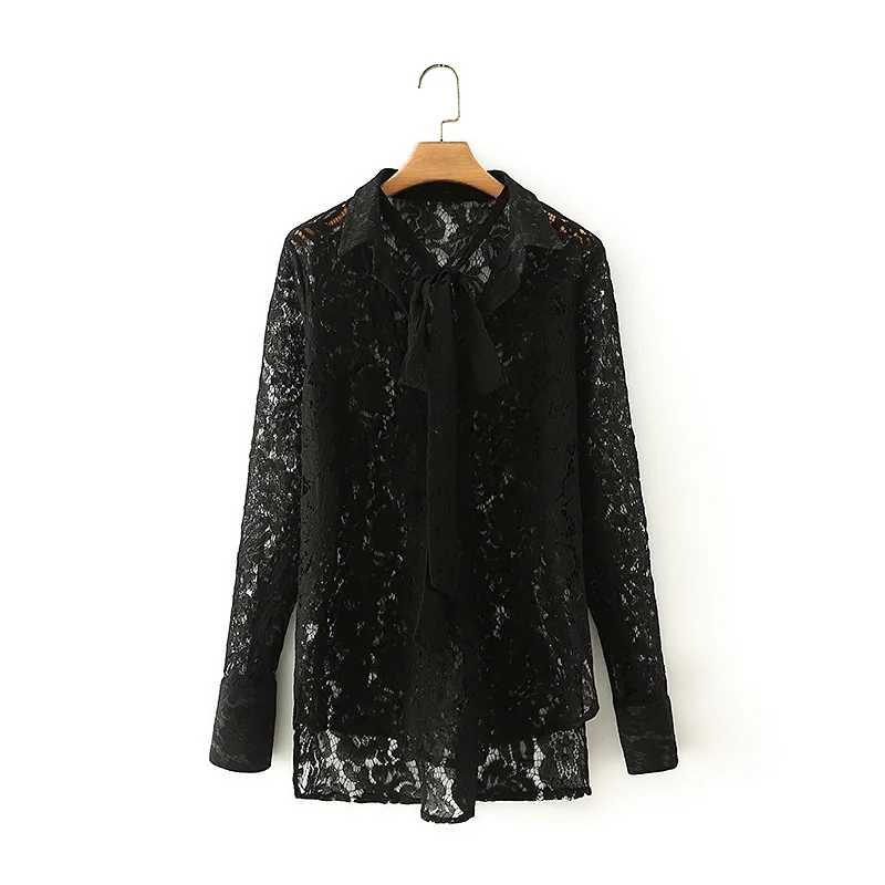 Women Bow Tie Hollow Out Lace Black Blouse Female Long Sleeve Shirt Casual Lady Loose Tops Blusas S8317 210430