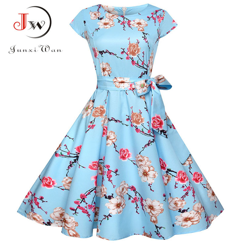 Women Summer Floral Dress 50s Vintage Casual Elegant Print O Neck Party Work Office Dress Retro Rockabilly Vestidos 210406