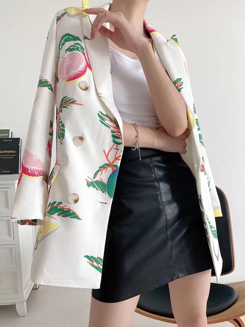 Autumn CHIC Double Breasted Buttons Fruit Print Blazer Boyfriend Vintage Women Mid Long Suit Coat Loose Femme 210429