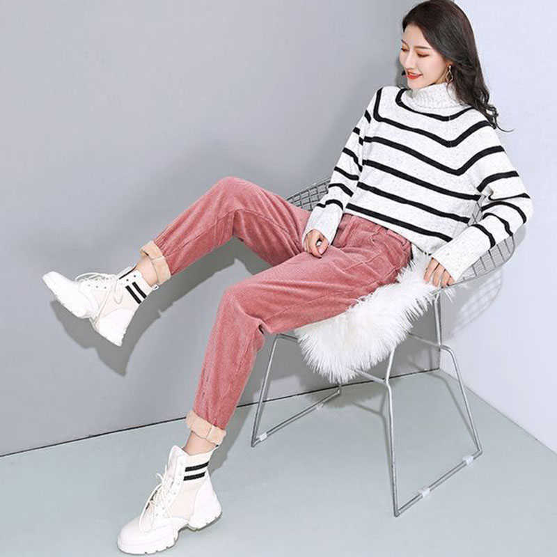 Lucyever Autumn Winter Casual Warm Pants Women Elegant Corduroy Harem Female Vintage Brown Button High Waist Trousers 211119