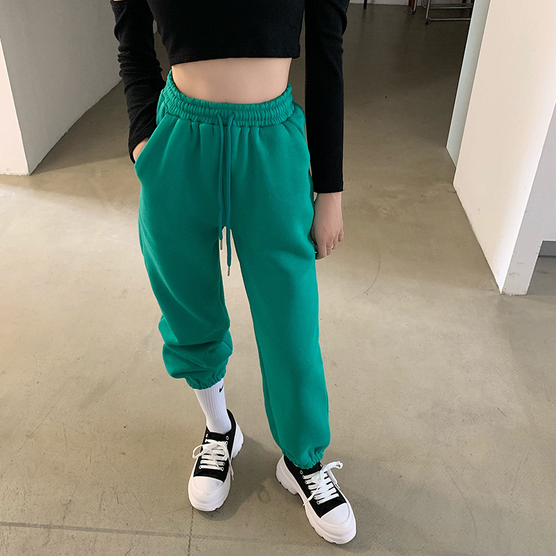 Nomikuma Autumn Winter Fleece Sweatpants Lace Up Korean Stretch High Waist Women Trousers Causal Solid Harem Pants 6D192 210427