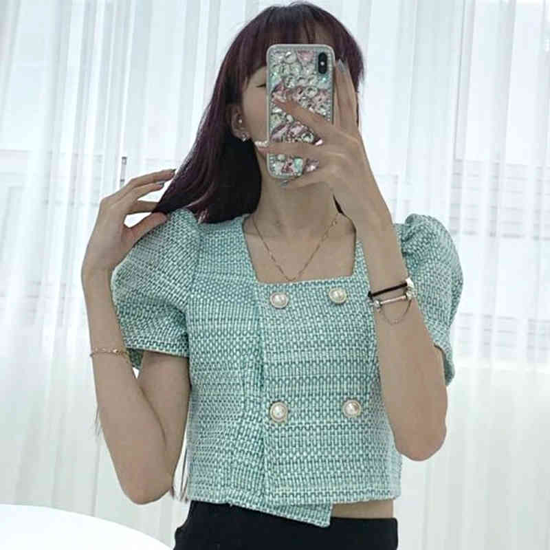 Women Jackets Summer Korean Chic Temperament Square Collar Pearl Double Breasted Puff Sleeve Irregular Tweed Coat 210514