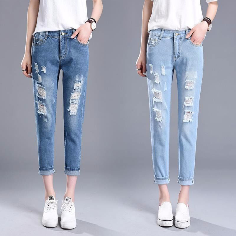 Korea Fashion Women Jeans Elastic Waist Loose All-matched Casual Harem Pants Vintage Ripped Cotton Denim D171 210512