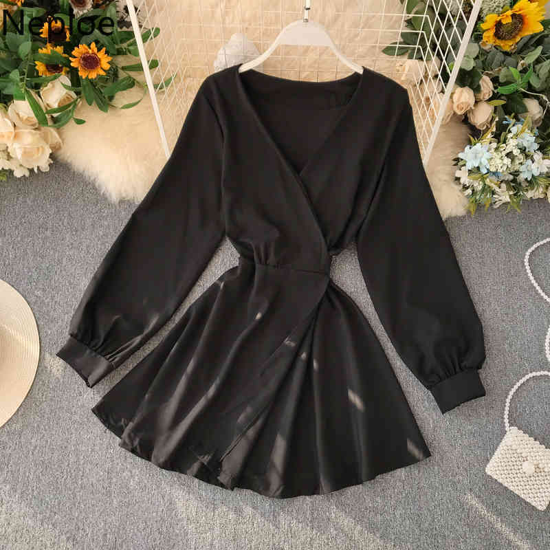 Retro Slim Waist Lace Up Vestido V Neck Puff Long Sleeve Party Dress Temperament Solid High Hip A Line Ropa 47949 210422Z