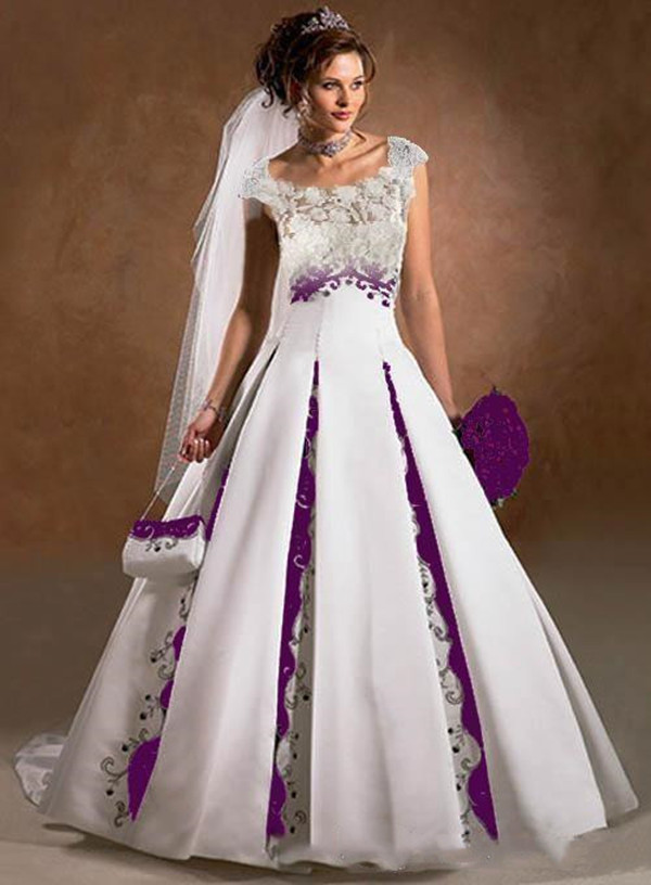 Vintage White Purple Wedding Dresses Satin Lace Embroidery Court Train Gothic country Capped Sleeves Scoop Bridal Wedding Gowns