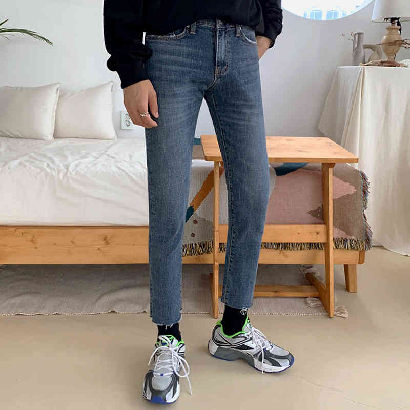 IEFB men's clothing Korean Slim Fit Jeans spring trend all-match casual hole raw bottoms blue ankle-length trousers 9Y4310 210524