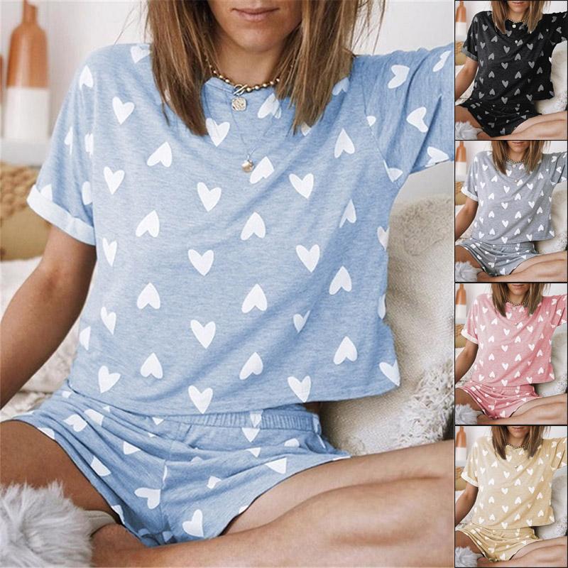 Women Casual Summer Sleep Heart Printed 2 Piece Set Outfits Ladies Homewear Female Lovely Pajamas Nightclothes Two Women's Tracksuits