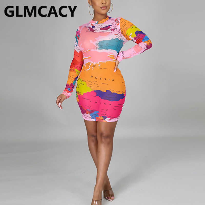 Women Long Sleeve Mesh Map Printed Bodycon Dress Sexy Party Club Dresses 210702