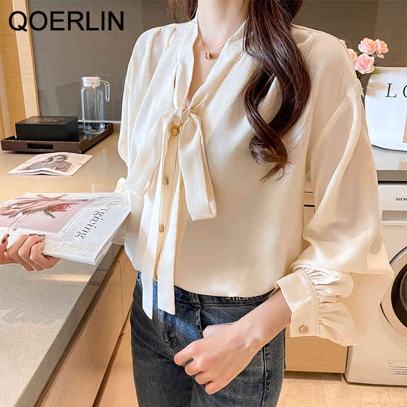 QOERLIN Chiffon Womens Blouse Elegant Spring Button Shirts Summer Bowtie Long Sleeve Solid Shirts Female Office Lady Tops 210412
