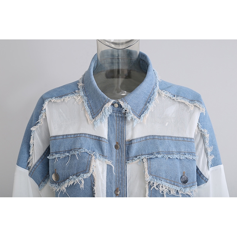 [EAM] Women Denim Burr Big Size Perspective Blouse Lapel Short Sleeve Loose Fit Shirt Fashion Spring Summer 1DD6099 210512