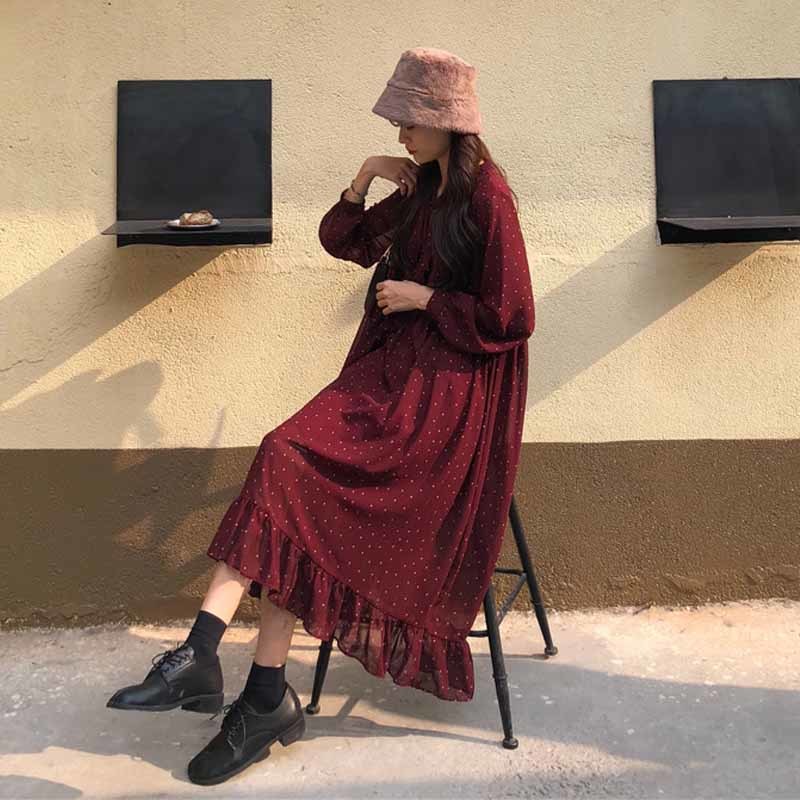 Women Lace-up Long Sleeve Female A-line Vintage Loose Dress Polka Dots Print Chiffon Vestidos Femme Autumn 10860 210518
