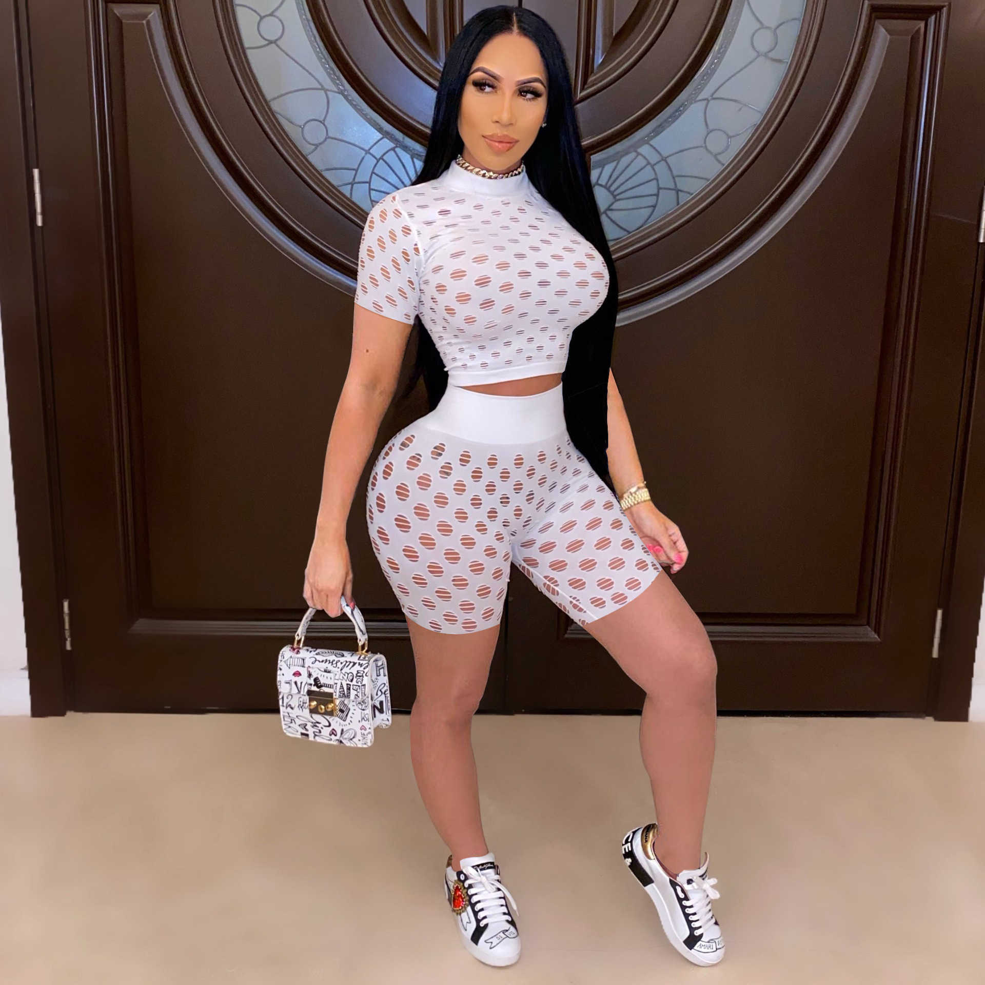 Designers Women tracksuits Clothes 2022 summer short suit elastic breathable hole fabric two-piece set Fashion