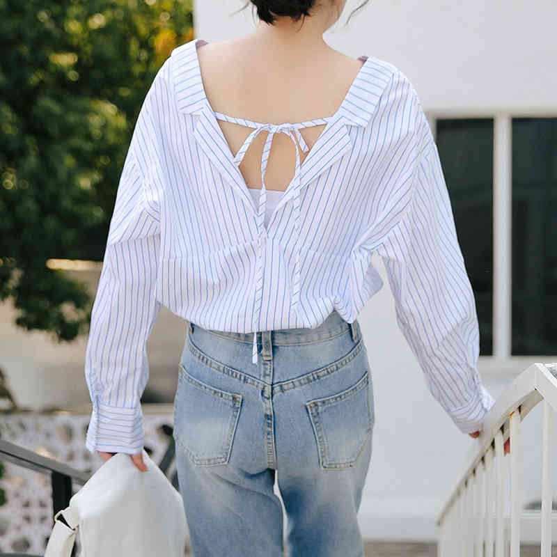 Chic Backless Striped Blouse Women V Neck Batwing Long Sleeve Loose Shirt Lady Bow Tie Ladies Tops Blusa Feminina 210508