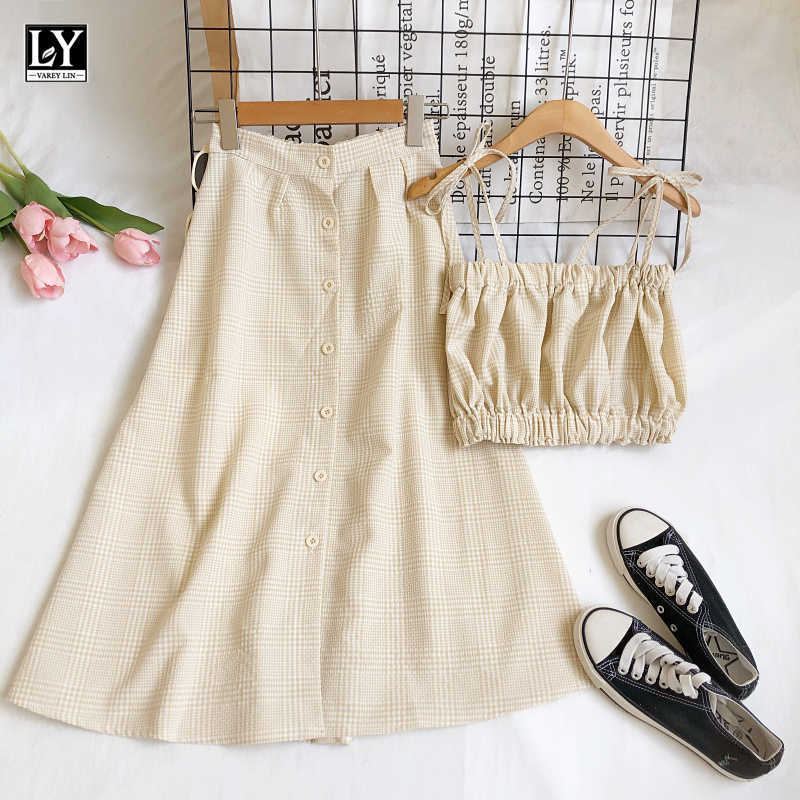 LY VAREY LIN Summer Casual Plaid Two Piece Set Slim Folds Lace-up Breast Wrapping Tops+Single Breasted High Waist Skirts 210526