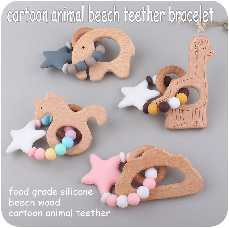 INS baby Safty Wooden Soothers & Teethers Unicorn Elephant Shape Beads Ball Design Health Care Teething Training Infant Pacifier Anti-Drop Chain Set O