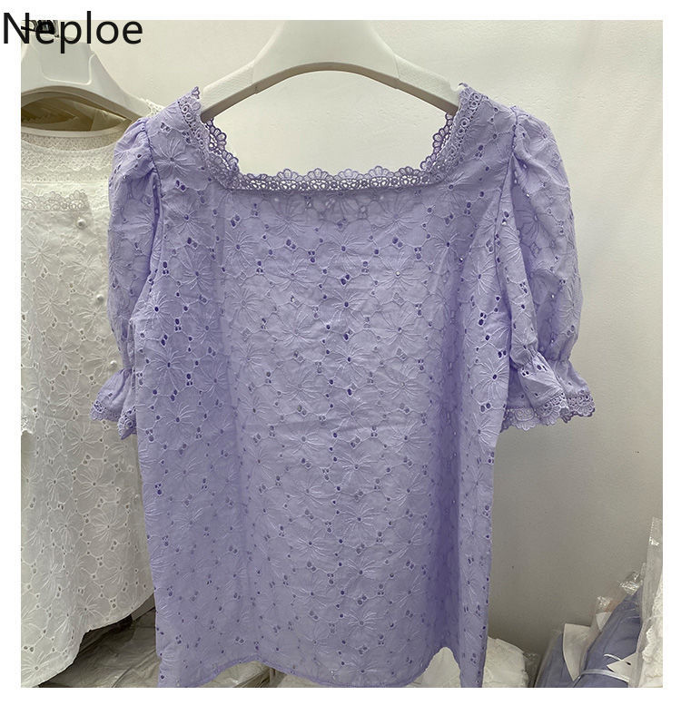 Neploe Women Blouse Embroidery Lace Square Collar Pearl Button Shirt Summer Vintage Tops Hollow Out Casual White Blusas Mujer 210422