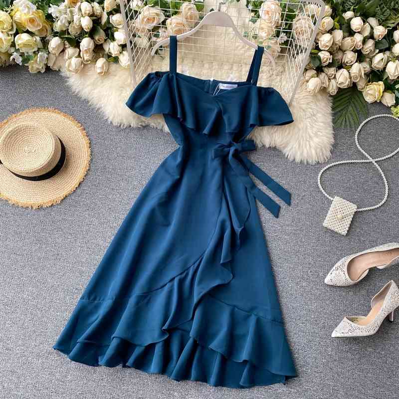 Summer Dress Off Shoulder Korean Vestido Bow Bandage Chic A-line Elegant Ruffle Dresses High Waist Retro Robe 26134 210519