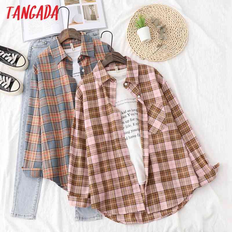 Women Retro Oversized Plaid Print Blouse Long Sleeve Chic Female Casual Loose Shirt Tops XQ04 210416