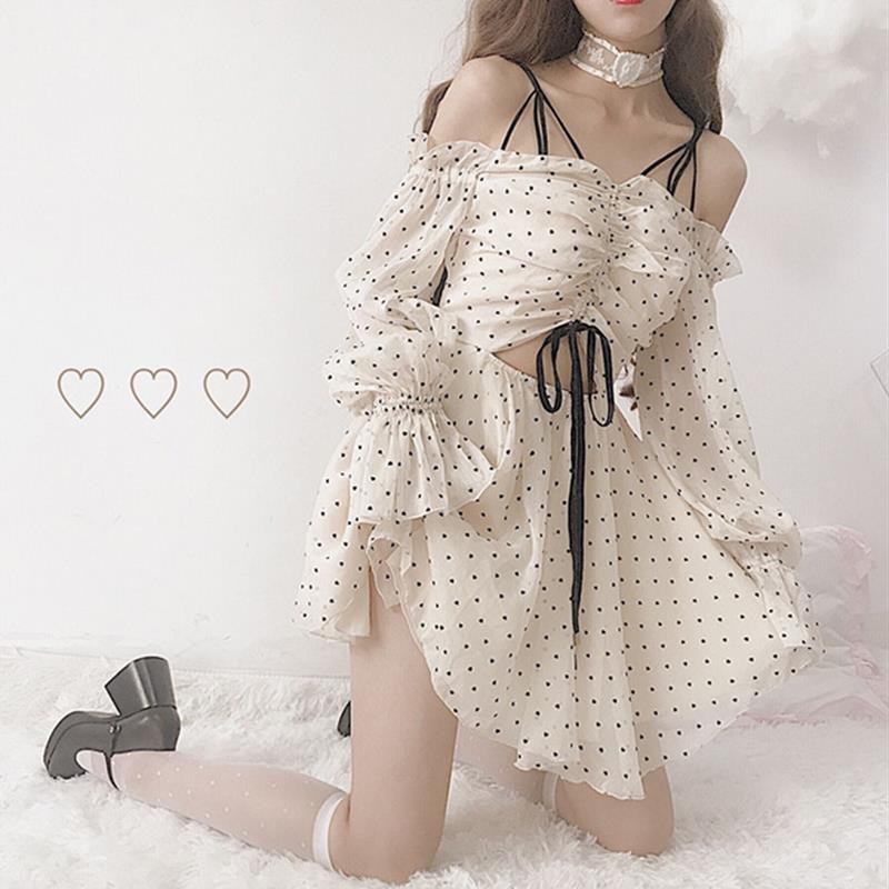 summer women dresses mori girl female kawaii heart print lolita mini chiffon dress casual straps lace strapless long sleeved, Black;gray
summer women dresses mori girl female kawaii heart print lolita mini chiffon dress casual straps lace strapless long sleeved, Black;gray
