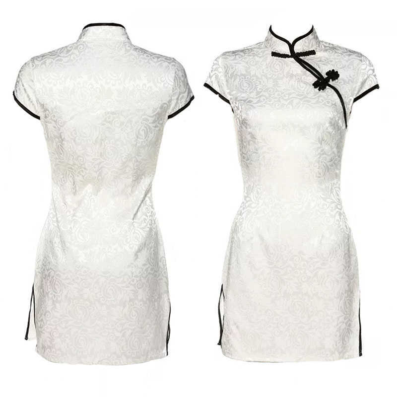 WOMENGAGA Chinese Style Summer Fashion Button Cheongsam Hemmed Slit Sexy Stand Neck Short Sleeve Mini Dress LD57 210603