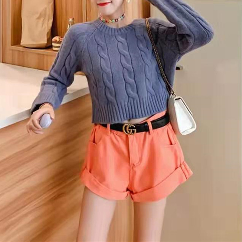 Korean Women Short Sweater Woman Round Neck Solid Color Long-sleeved Knitted Top Bottoming Autumn Winter Tops 210514