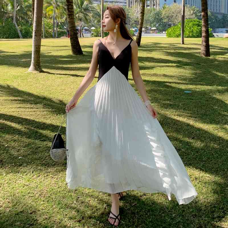 Vintage French Patchwork Asymmetrical Ruffled Vacation Dress Female Sexy Spaghetti Strap Backless Pleated Long 210520