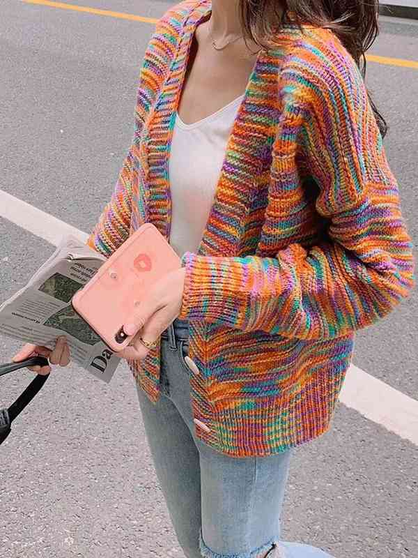 fall winter sweater coat women Korean fashion sweet cute V-neck candy color loose oversized knitted cardigan tops 210508