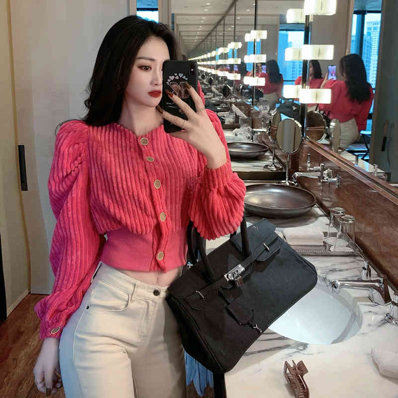 Spring Women Fashion Solid Color Corduroy Round Neck Single Breasted Long Puff Sleeve Casual Slim Short Jacket Coat Female 210519