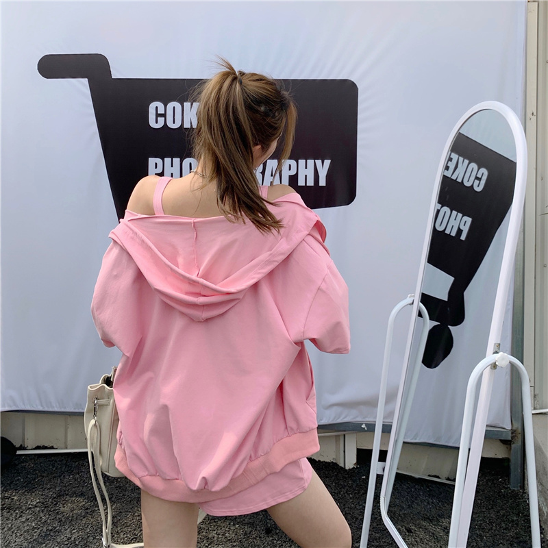 Summer Three-Piece Set Casual Solid Color Sports Hooded Loose coat + Sexy Vest Top + Shorts Suit Women Outfits 210518