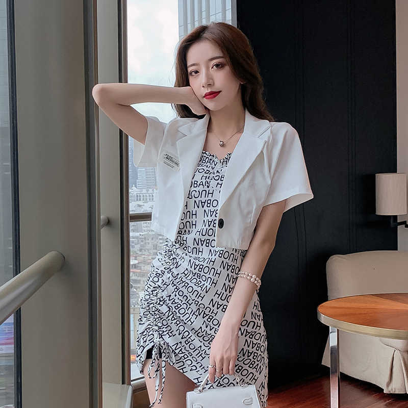 2021 Age Reduction Fashion Two Piece Suit Short Sleeve Blazer Letter Suspender Dr's Summer Style