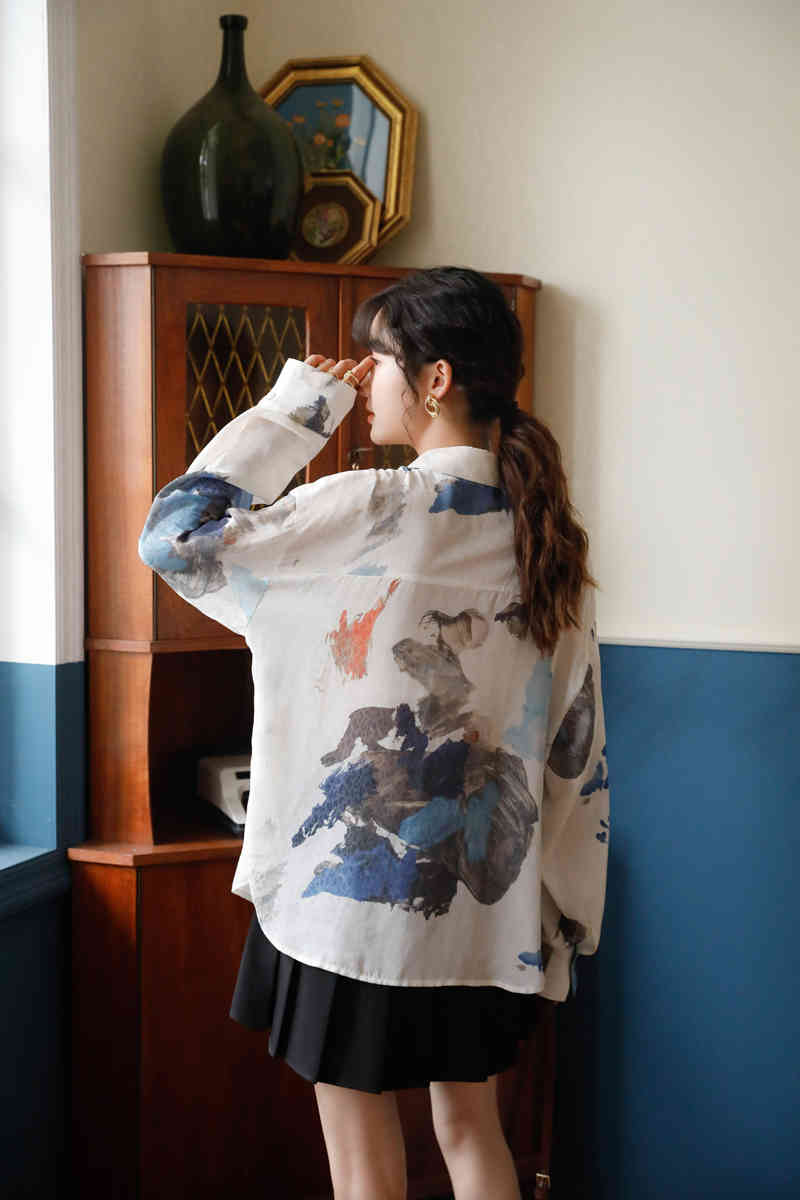 Mountains And Rivers Print Long Sleeve Blouse Women White See Through Collar Shirt Casual Korean Fashion Clothing 210427