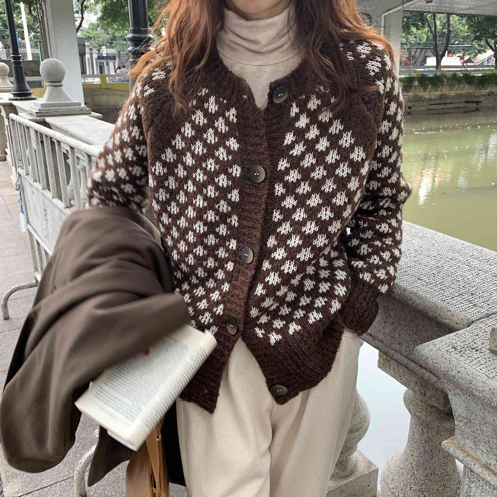 OL Outwear Tops Loose Sweater Women Autumn Winter Elegant Long Sleeve Print Knitted Cardigan Female Sweaters 210421