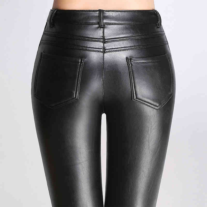 Leather Pants Women PU Abdomen Trousers Autumn Winter Korean Velvet Leggings Pencil Black Mid Tight 210428