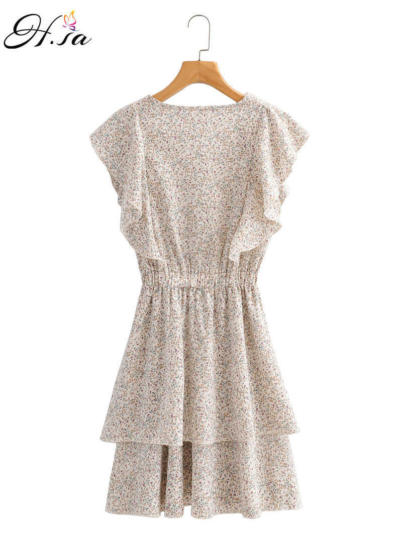 H.SA Women Ruffles Summer Dresses Sleeveless Elastic High Waist Floral Pleated Vestidos Cascading Ruffles Mini Dress Robe 210716