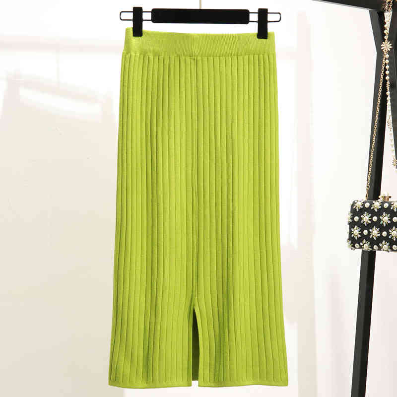 Solid Pleated Ladies Skirts Autumn Knitted Hip Women Office One-Step Winter Elastic High Waist Mid-Length 10369 210427