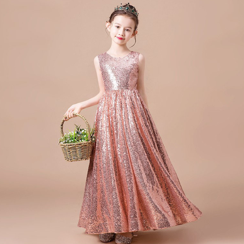 New Arrival Sparkly Sequined Ball Gown Flower Girl Dresses Cute Pink Sequined Long Birthday Party Gown Cheap Girl Foiormal Pageant Dresses