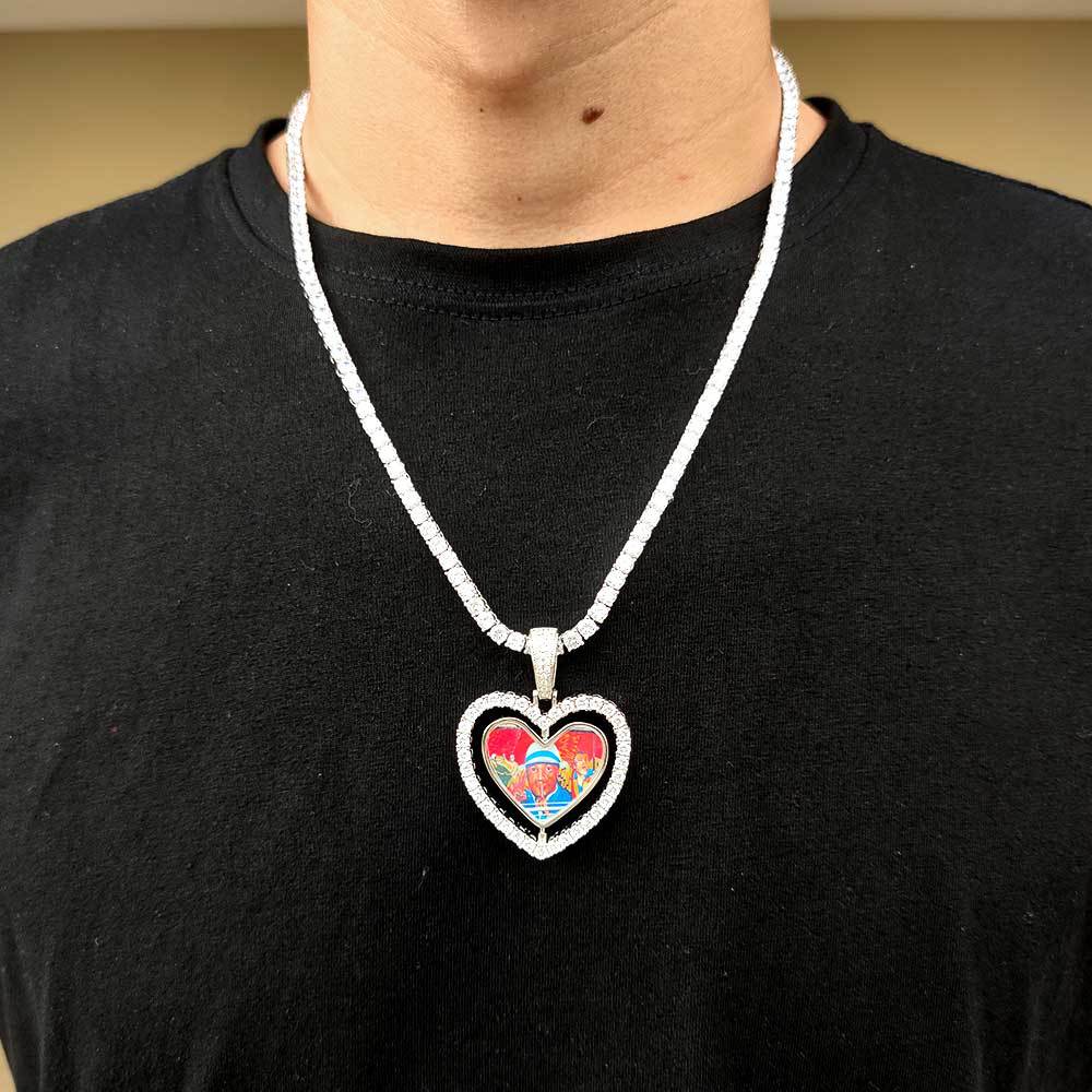 Customize Lover Heart Memorial Photo Pendant Necklace Rotatable Double Sides