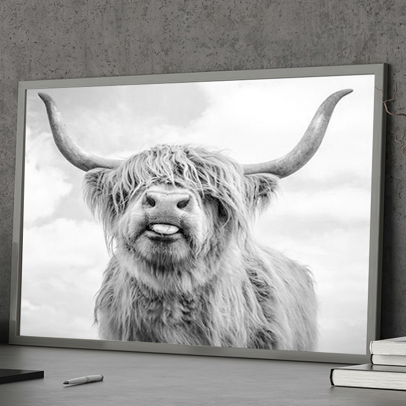 Black and White Highland Cow Canvas Painting Prints and Posters Wild Animals Cattle Canvas Paintings for Living Room Decor