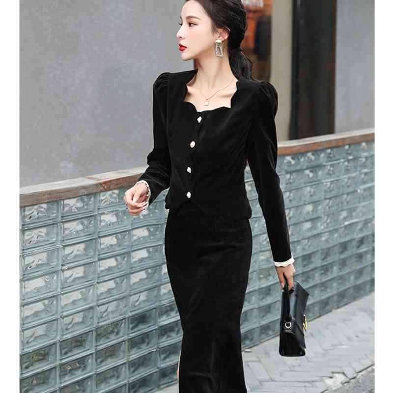 Korean Spring Vintage Office OL Velvet Fashion 2 Piece Sets Women Elegant Square Collar Slim Shirt + Bodycon Pencil Skirts Suit 210519