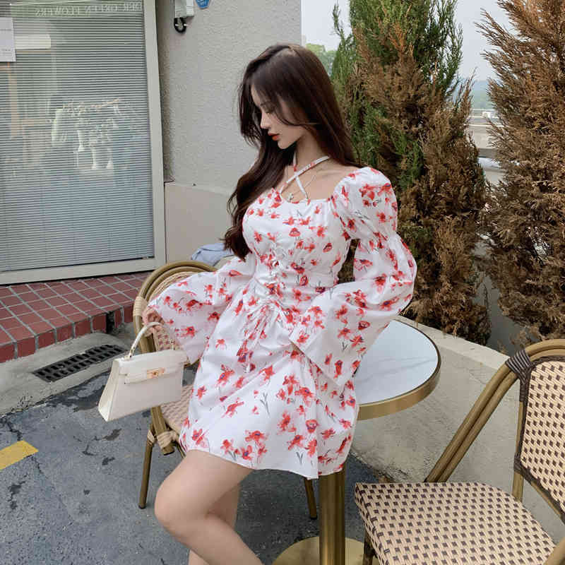 Fashion Women Sexy Halter Flower Print Chiffon Dress Summer Long Sleeve High Waist Casual Beach Party With Girdle 210519