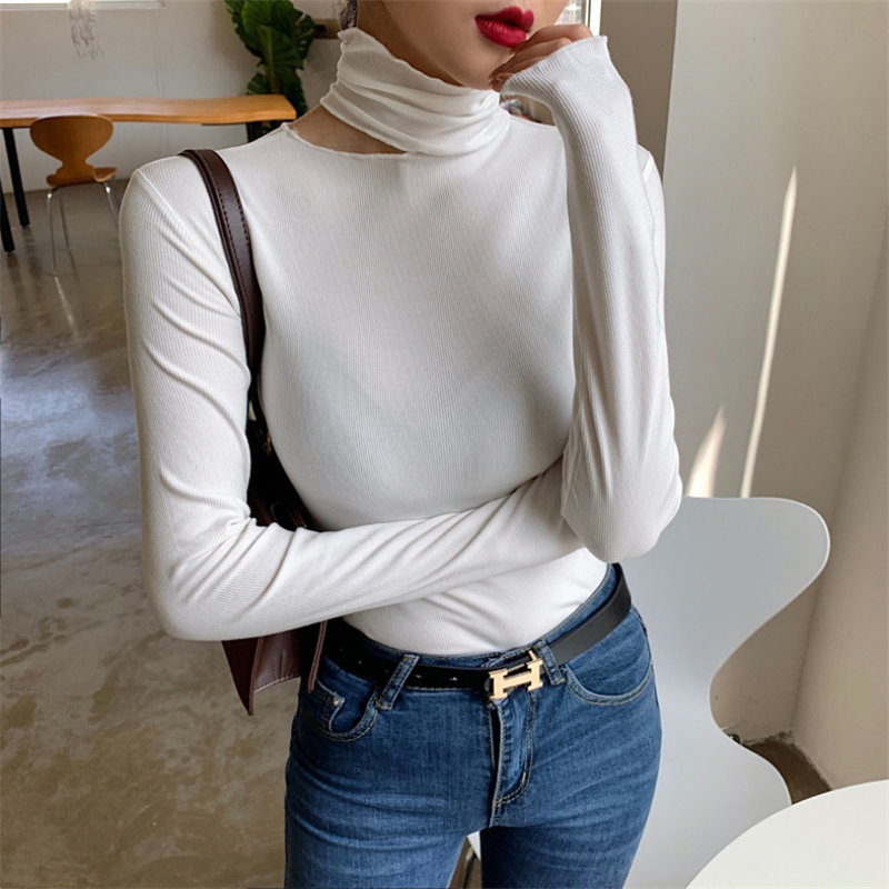 Large Size Women Hollow Out Arrival Sexy Solid Warm Thicken Casual Basic Brief Minimalist Tops T-shirt 210421