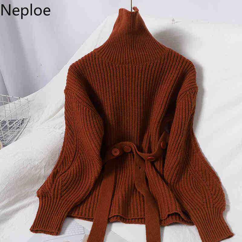 Neploe Winter Clothes Woman Sweaters Tuitleneck Lace Up Knitted Pullovers Women Korean Temperament Loose Jumper Sueter Mujer 210422