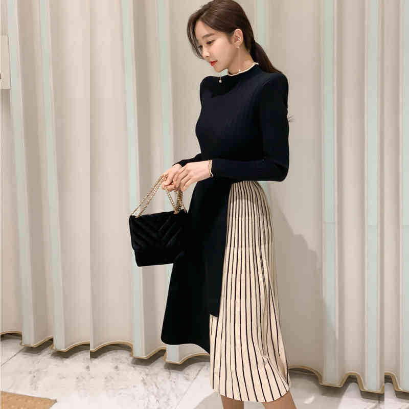 Fashion Knitted Sweater Dress Women Long Sleeves Waistband Middle Pleated Ladies Office A-Line Vestido Da Festa 210520