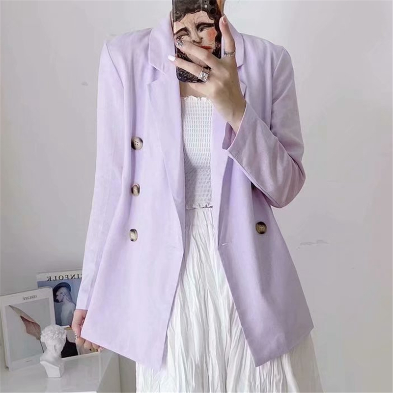 Elegant Women Light Purple Jacket Fashion Ladies Notched Neck Blazer Causal Female Chic Double Breasted Coats 210430