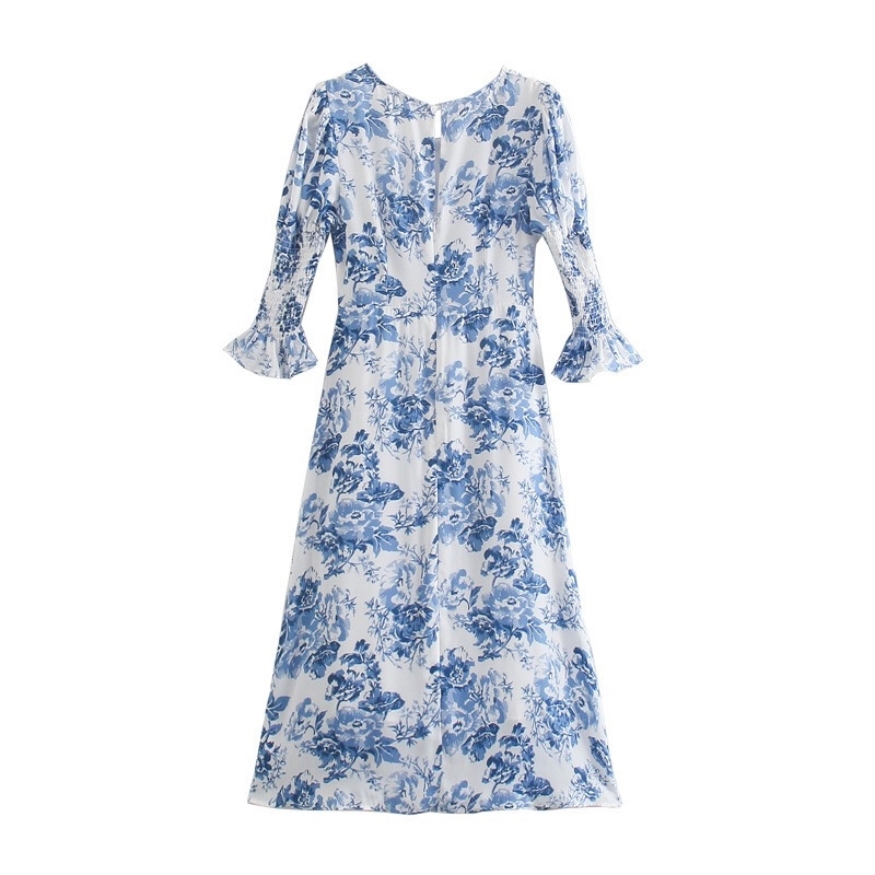 Retro Blue White Floral Print Mid Long Slit Dress Woman Vintage French Split Back Elastic Cuff Chiffon Dresses Holiday 210429