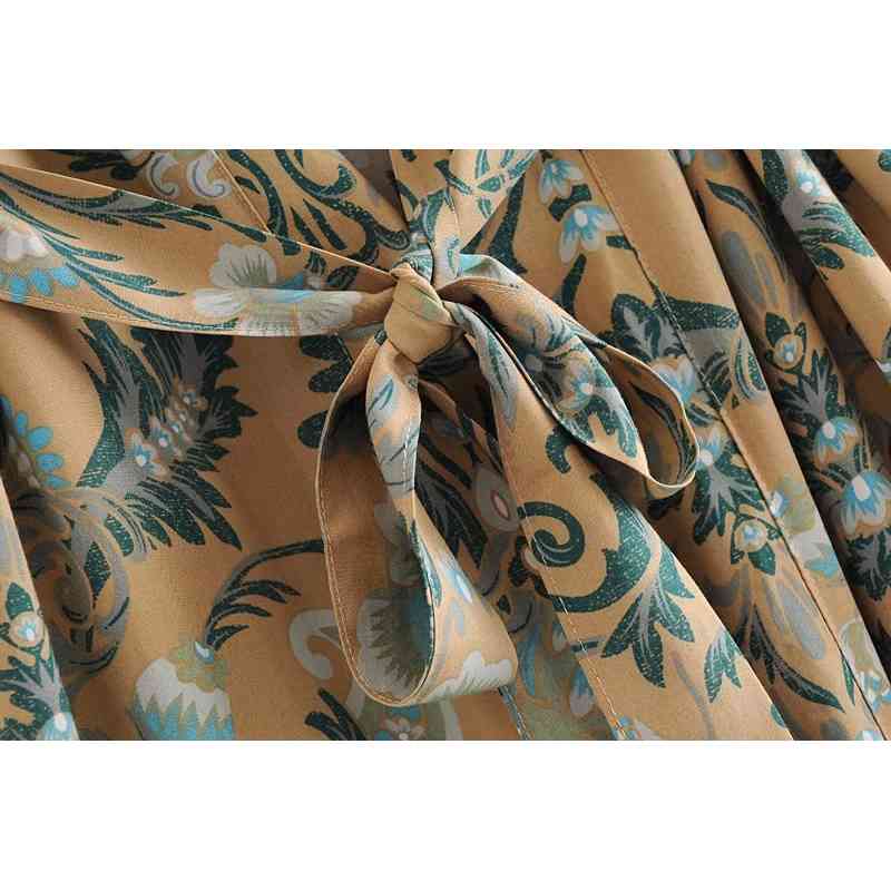 Bohemia Phoenix tail Flower Print Long Kimono Shirt BOHO Ethnic Women Lacing up Bow Sashes Cardigan Loose Blouse Tops 210429