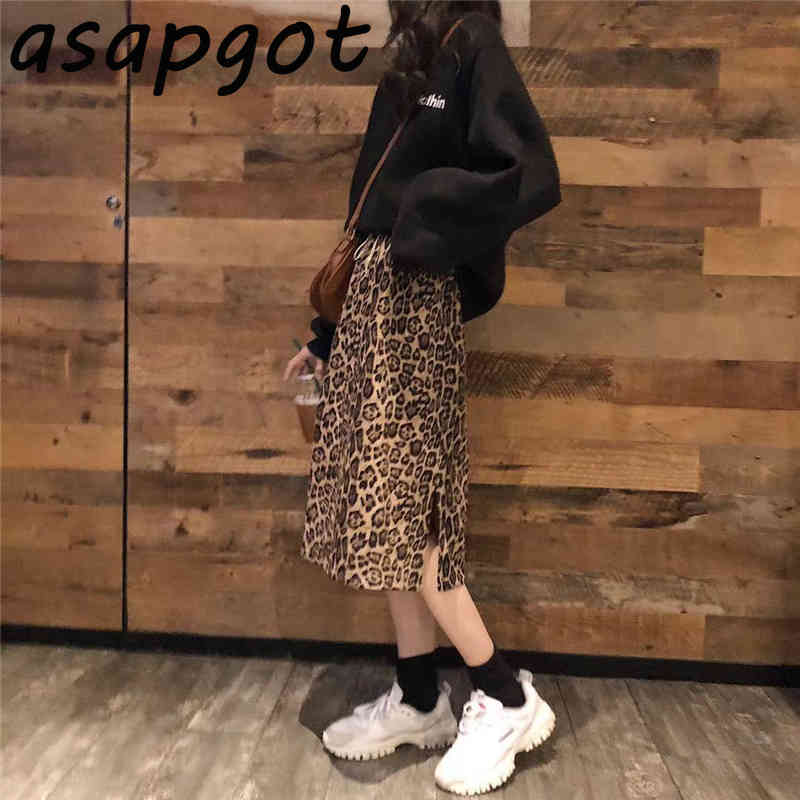 Retro Elastic Waist Side Split Leopard Skirt Women Autumn A Line Slim Faldas Mujer Moda Chic High Street Fashion Temperament 210429